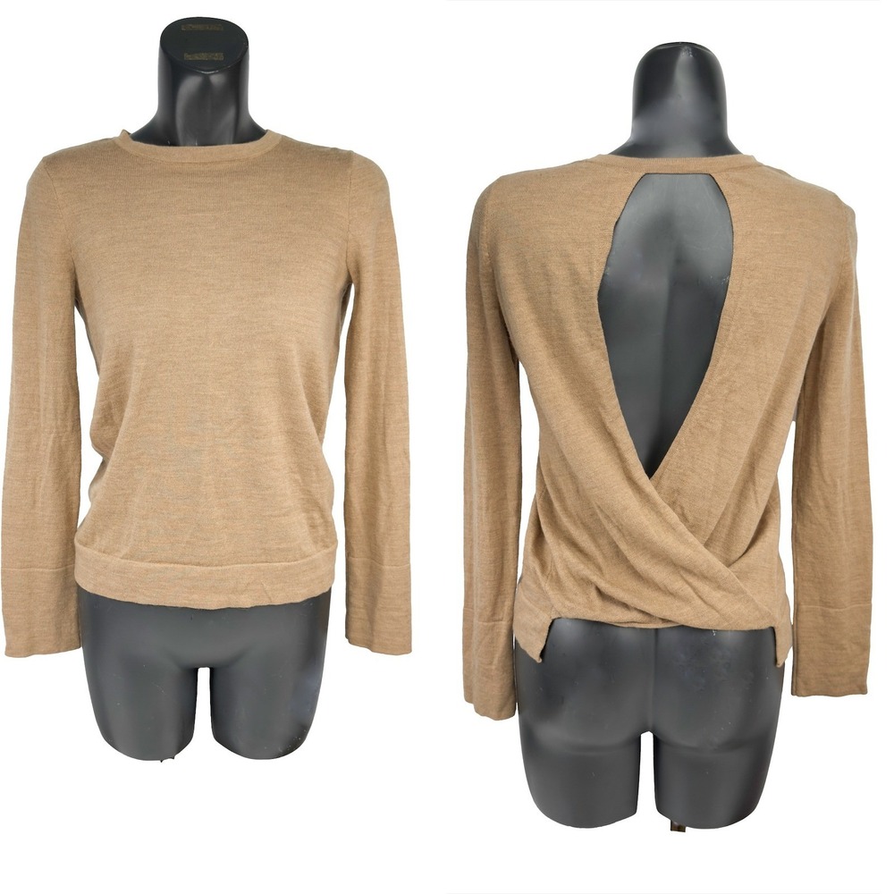 Wool Blend Open Back‎ Crossover Twist Detail Tan Knit Sweater Size S